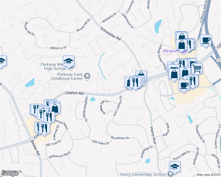 map of restaurants, bars, coffee shops, grocery stores, and more near 14491 Clayton Road in Ballwin