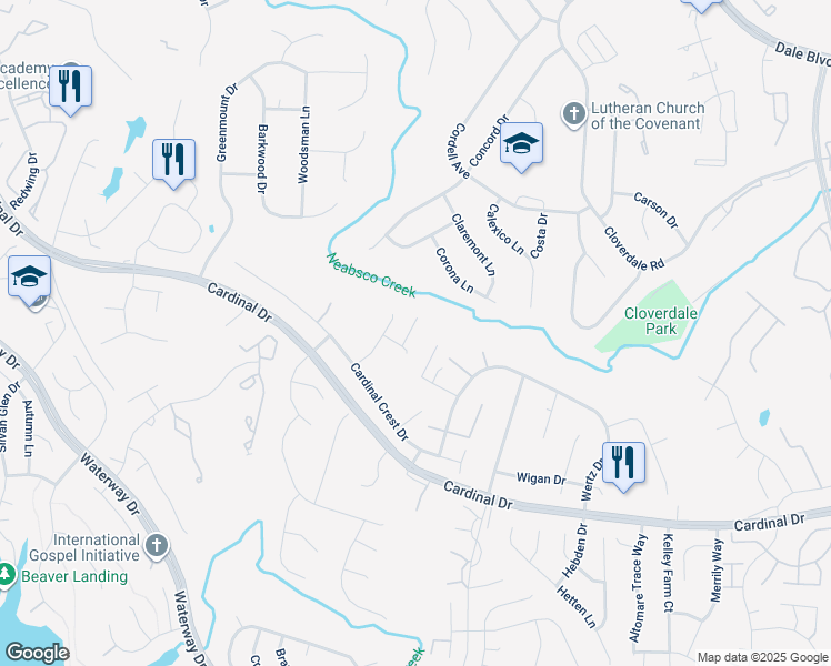 map of restaurants, bars, coffee shops, grocery stores, and more near 4034 Towhee Court in Woodbridge