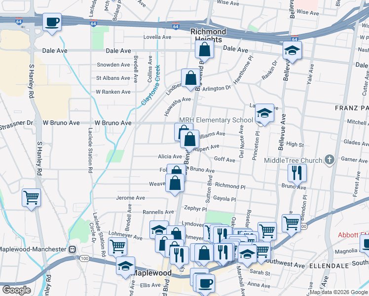 map of restaurants, bars, coffee shops, grocery stores, and more near 2214 South Big Bend Boulevard in Richmond Heights