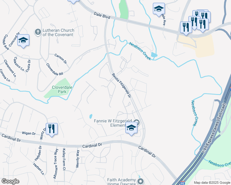 map of restaurants, bars, coffee shops, grocery stores, and more near 15287 Barnabas Trail in Woodbridge