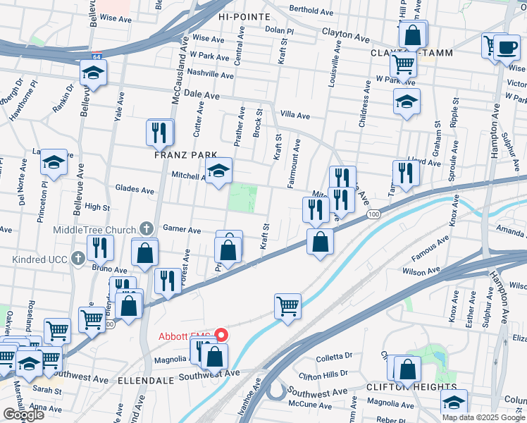 map of restaurants, bars, coffee shops, grocery stores, and more near 1936 Kraft Street in St. Louis