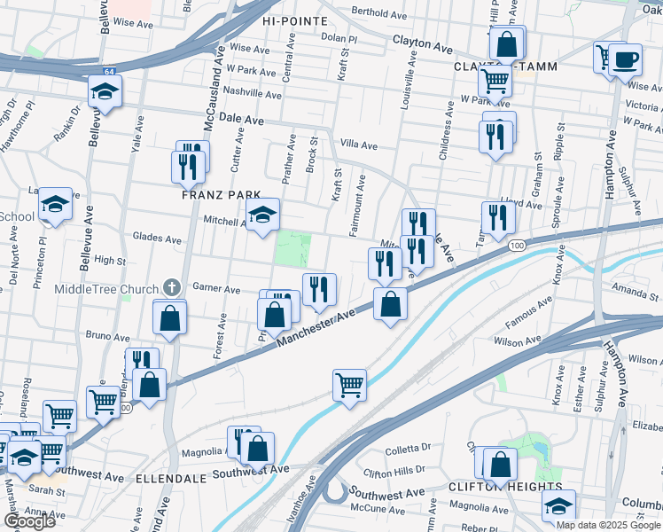 map of restaurants, bars, coffee shops, grocery stores, and more near 1936 Kraft Street in St. Louis
