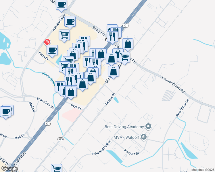 map of restaurants, bars, coffee shops, grocery stores, and more near 3298 Old Washington Road in Waldorf