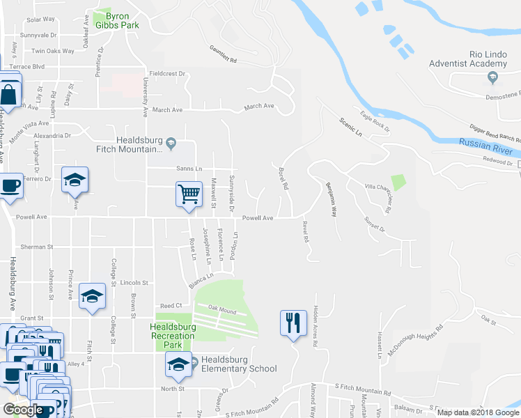 map of restaurants, bars, coffee shops, grocery stores, and more near 906 Ridgeview Drive in Healdsburg
