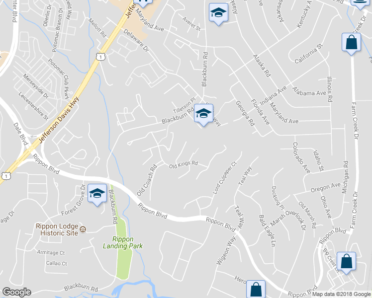 map of restaurants, bars, coffee shops, grocery stores, and more near 15257 Lodge Terrace in Woodbridge