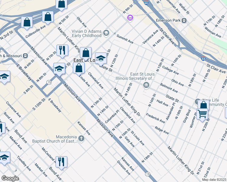 map of restaurants, bars, coffee shops, grocery stores, and more near 1319 Cleveland Avenue in East St. Louis