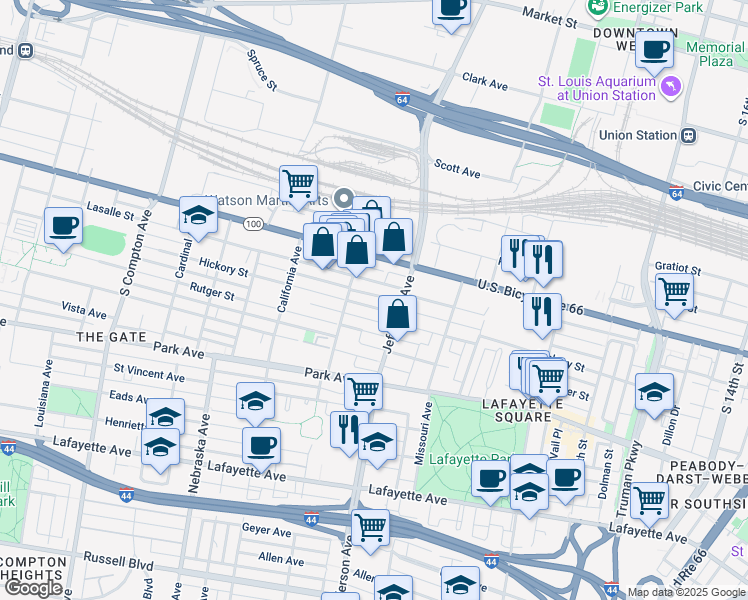 map of restaurants, bars, coffee shops, grocery stores, and more near 2634 Hickory Street in St. Louis