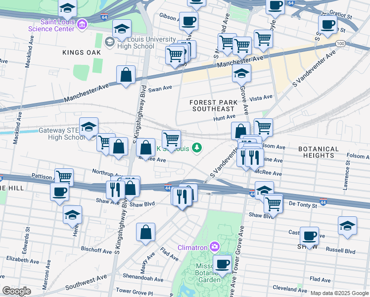 map of restaurants, bars, coffee shops, grocery stores, and more near 4565 McRee Ave in St Louis