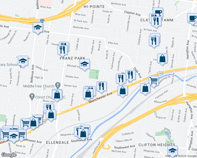 map of restaurants, bars, coffee shops, grocery stores, and more near 6733 Garner Avenue in St. Louis