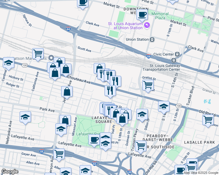 map of restaurants, bars, coffee shops, grocery stores, and more near 2017 Chouteau Avenue in Saint Louis