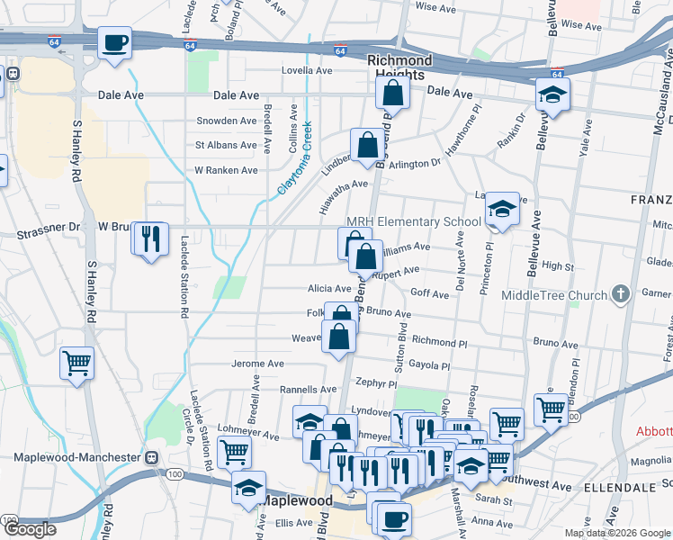 map of restaurants, bars, coffee shops, grocery stores, and more near 7533 Alicia Avenue in Maplewood