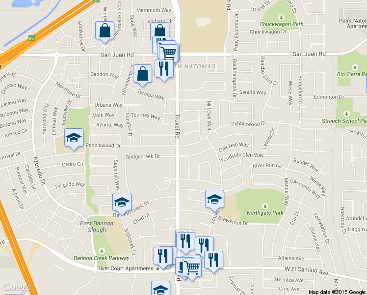 map of restaurants, bars, coffee shops, grocery stores, and more near 1580 Pebblewood Dr in Sacramento