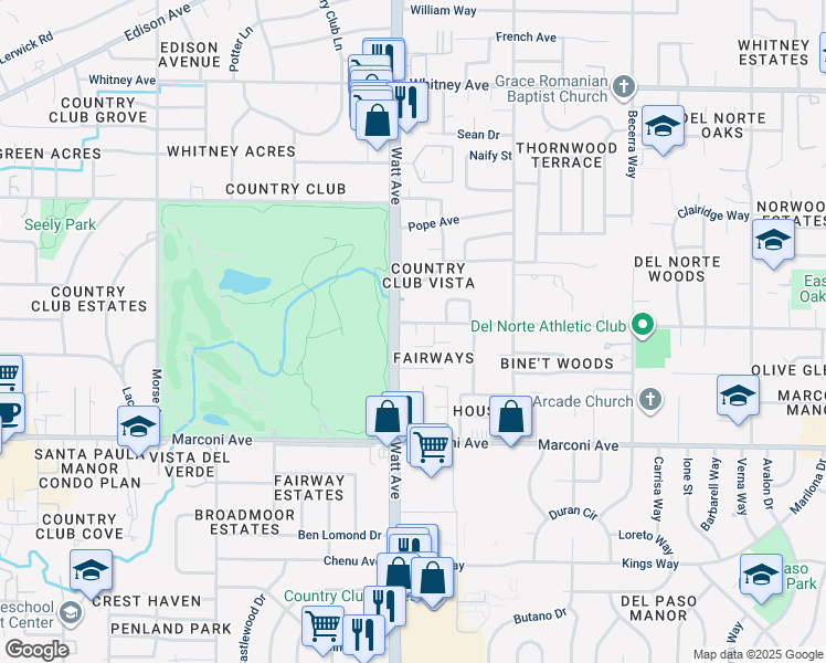 map of restaurants, bars, coffee shops, grocery stores, and more near 3514 Robertson Avenue in Sacramento