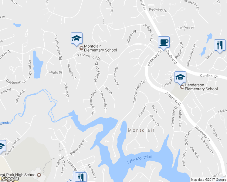 map of restaurants, bars, coffee shops, grocery stores, and more near 15329 Inlet Place in Montclair