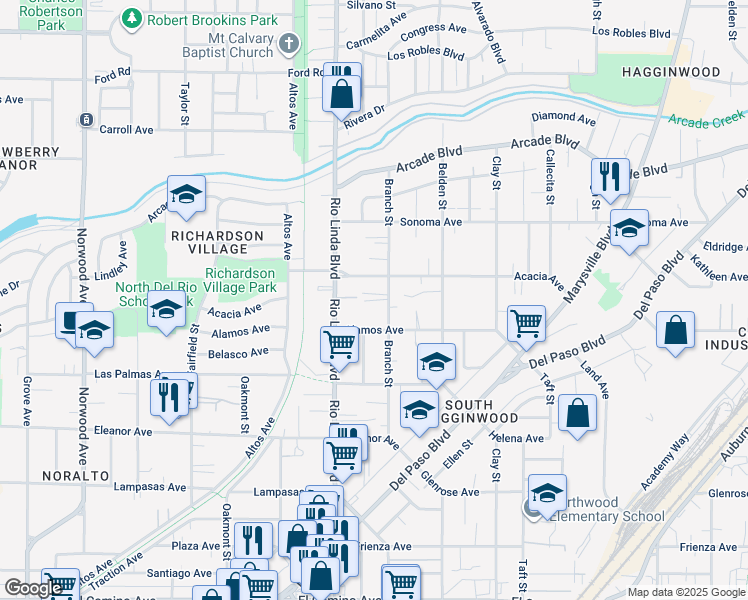 map of restaurants, bars, coffee shops, grocery stores, and more near 969 Alamos Avenue in Sacramento