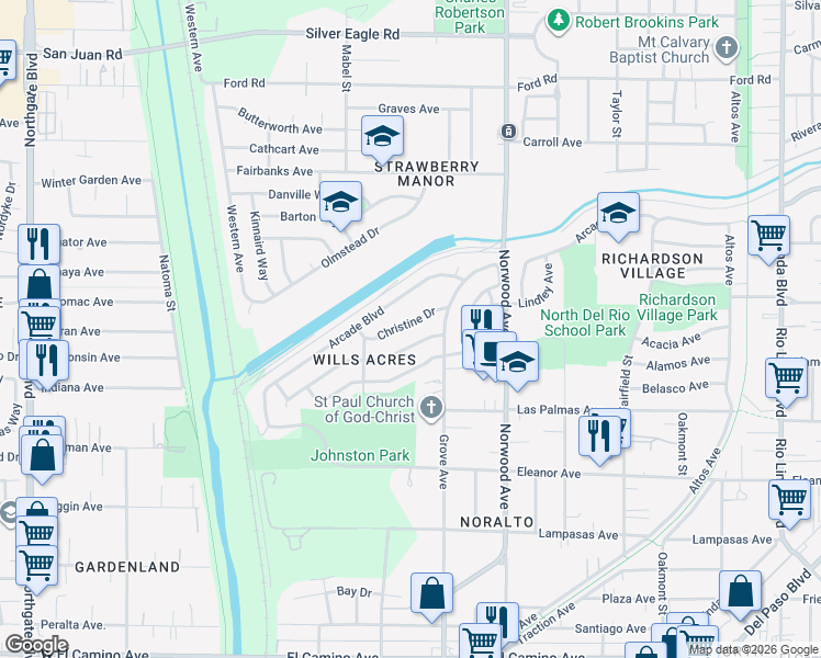 map of restaurants, bars, coffee shops, grocery stores, and more near 248 Redondo Avenue in Sacramento