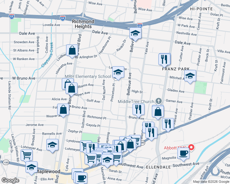 map of restaurants, bars, coffee shops, grocery stores, and more near 2108 Princeton Place in Richmond Heights