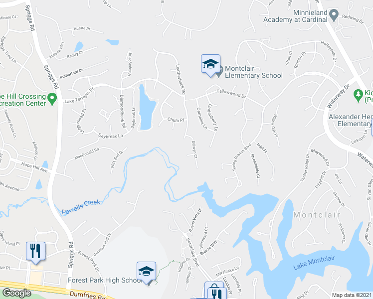 map of restaurants, bars, coffee shops, grocery stores, and more near 4053 Raft Cove Court in Woodbridge