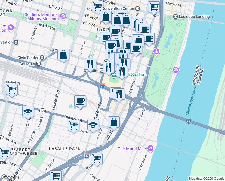 map of restaurants, bars, coffee shops, grocery stores, and more near 601 South Broadway in St. Louis