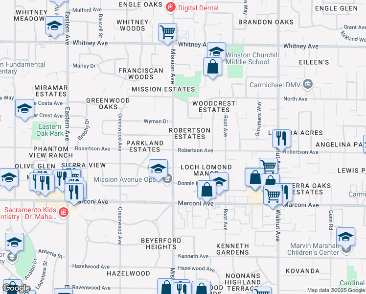 map of restaurants, bars, coffee shops, grocery stores, and more near 4721 Robertson Avenue in Carmichael
