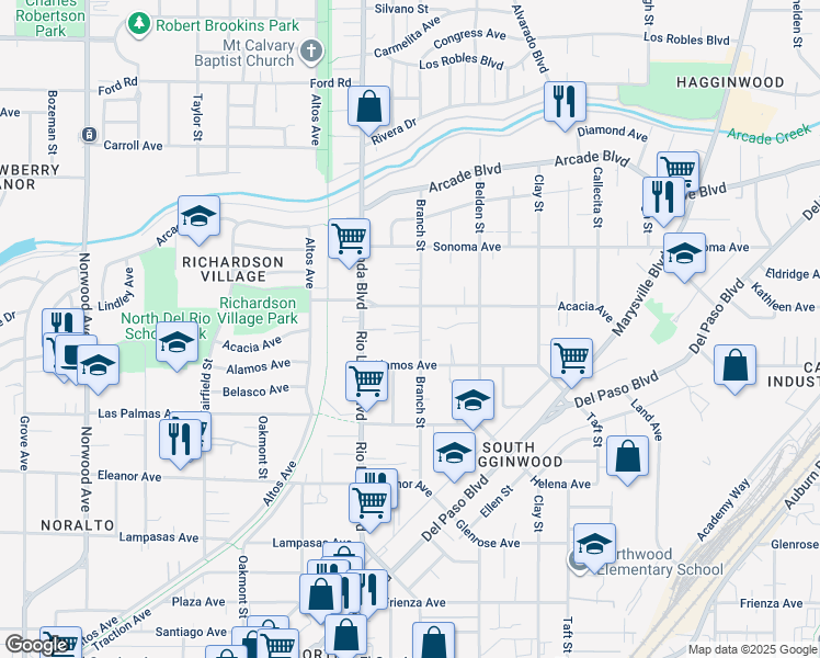 map of restaurants, bars, coffee shops, grocery stores, and more near 973 Acacia Avenue in Sacramento