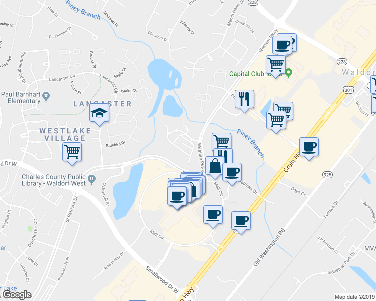 map of restaurants, bars, coffee shops, grocery stores, and more near 11212 Bridport Place in Waldorf