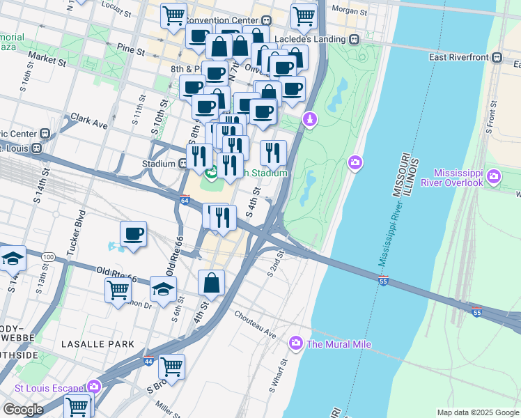 map of restaurants, bars, coffee shops, grocery stores, and more near 400 South Broadway Street in St. Louis