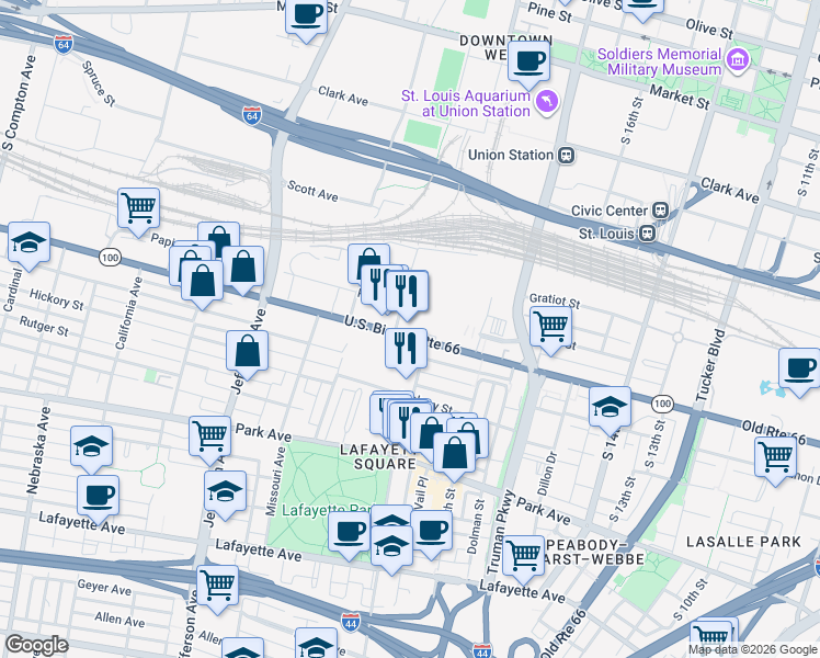 map of restaurants, bars, coffee shops, grocery stores, and more near 2021 Papin Street in St. Louis