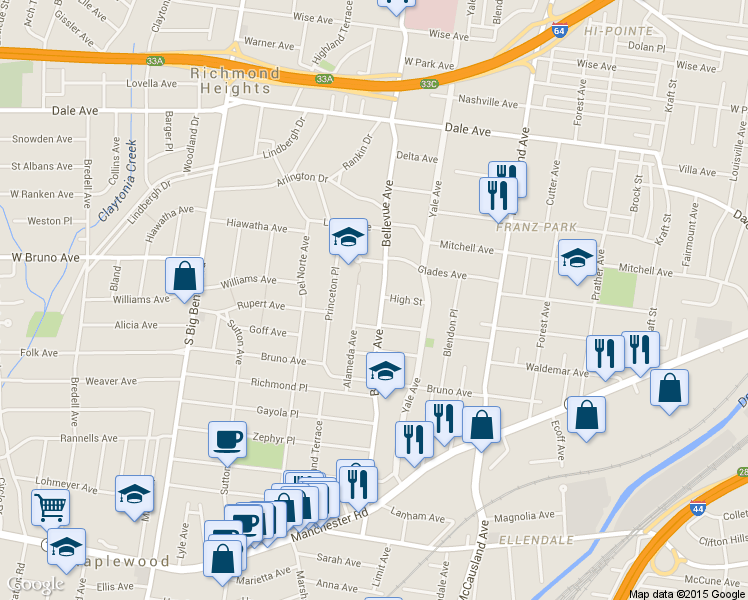 map of restaurants, bars, coffee shops, grocery stores, and more near 1935 Bellevue Avenue in St. Louis