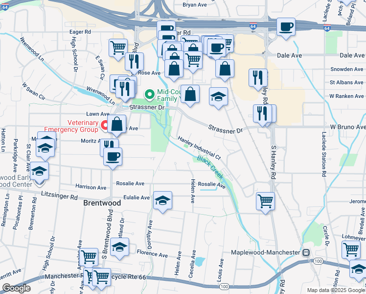 map of restaurants, bars, coffee shops, grocery stores, and more near 643 Hanley Industrial Court in Brentwood