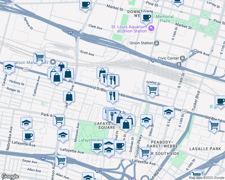 map of restaurants, bars, coffee shops, grocery stores, and more near 2017 Chouteau Avenue in Saint Louis