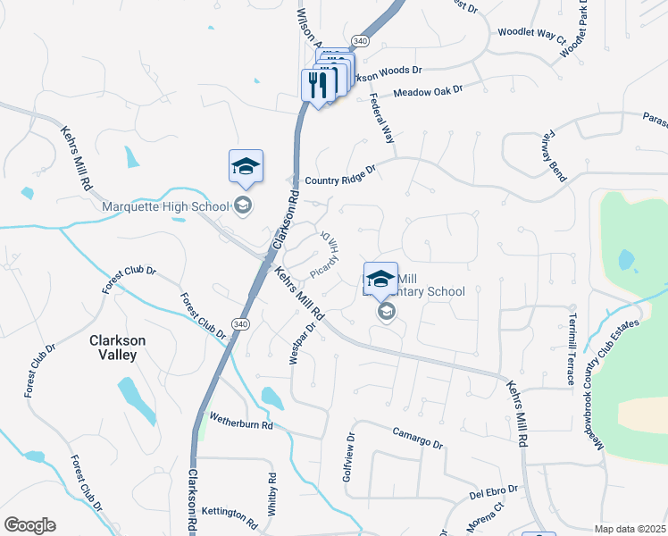 map of restaurants, bars, coffee shops, grocery stores, and more near 22 Picardy Hill Drive in Chesterfield