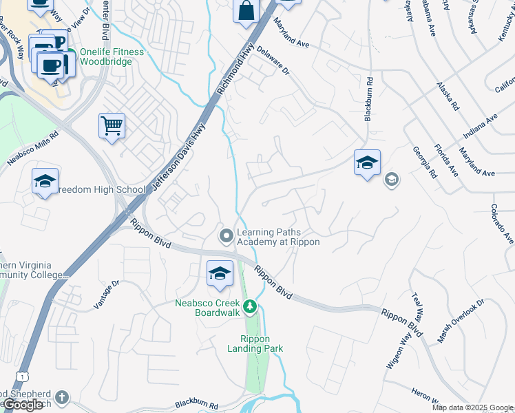map of restaurants, bars, coffee shops, grocery stores, and more near 1944 Old Post Terrace in Woodbridge