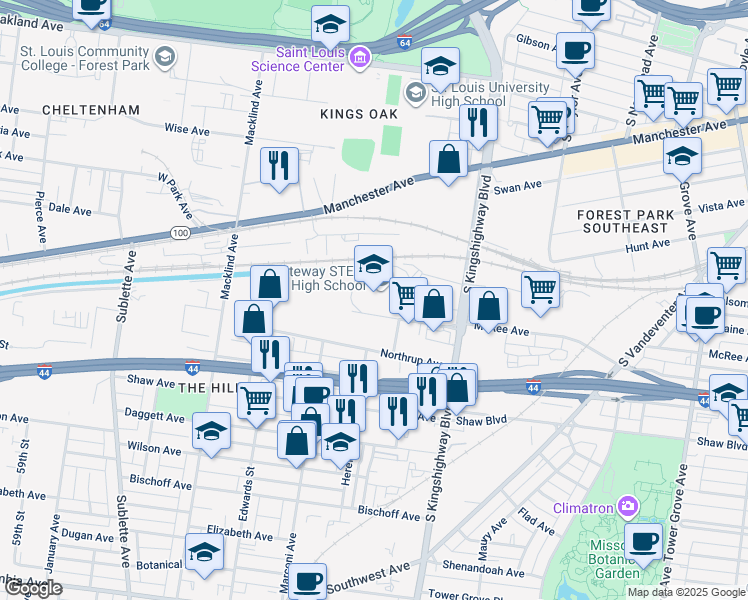 map of restaurants, bars, coffee shops, grocery stores, and more near 5101 McRee Avenue in St. Louis