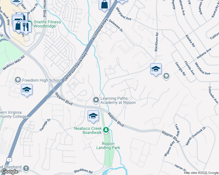 map of restaurants, bars, coffee shops, grocery stores, and more near 1944 Old Post Terrace in Woodbridge
