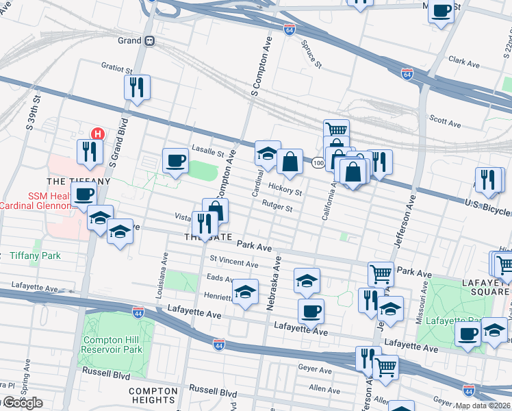 map of restaurants, bars, coffee shops, grocery stores, and more near 3028 Hickory Street in St. Louis