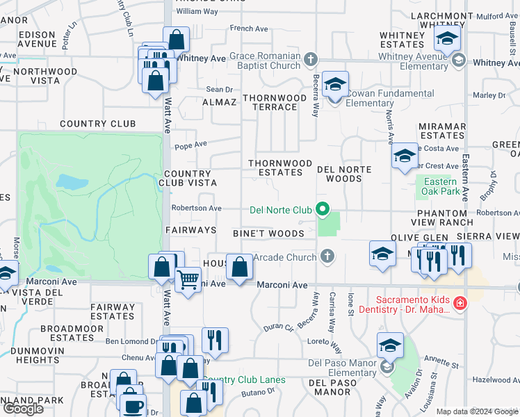 map of restaurants, bars, coffee shops, grocery stores, and more near 3741 Robertson Avenue in Sacramento