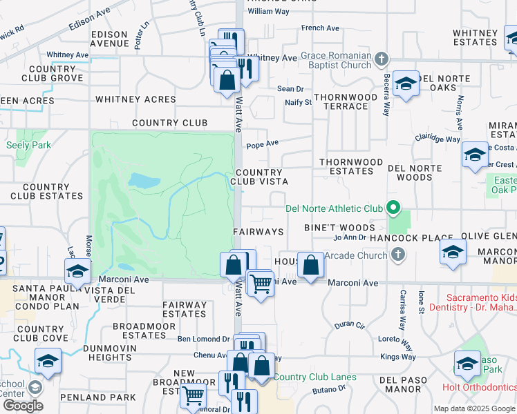 map of restaurants, bars, coffee shops, grocery stores, and more near 3521 Robertson Avenue in Sacramento