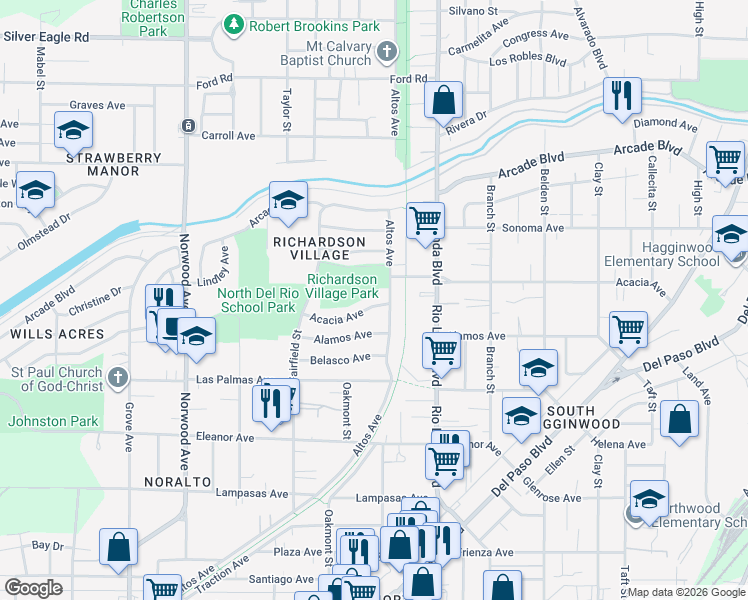 map of restaurants, bars, coffee shops, grocery stores, and more near 2955 Altos Avenue in Sacramento