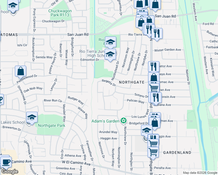 map of restaurants, bars, coffee shops, grocery stores, and more near 910 Regatta Drive in Sacramento