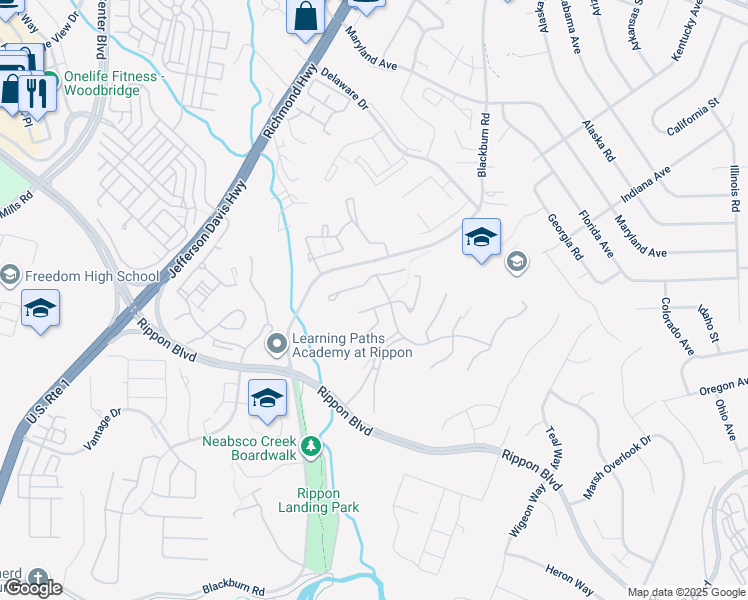map of restaurants, bars, coffee shops, grocery stores, and more near 1908 Coppersmith Terrace in Woodbridge