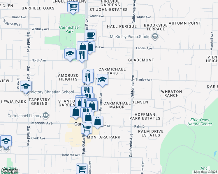 map of restaurants, bars, coffee shops, grocery stores, and more near 6000 Stanley Avenue in Carmichael