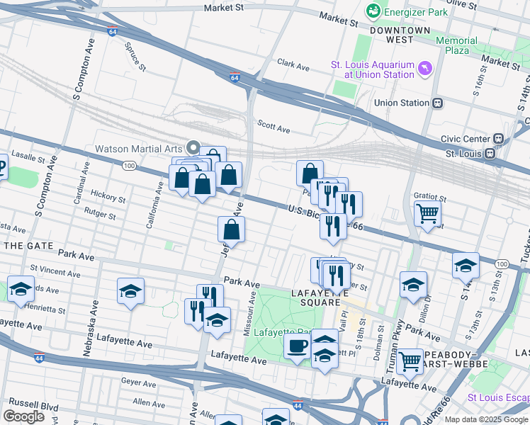 map of restaurants, bars, coffee shops, grocery stores, and more near 2350 Chouteau Avenue in St. Louis