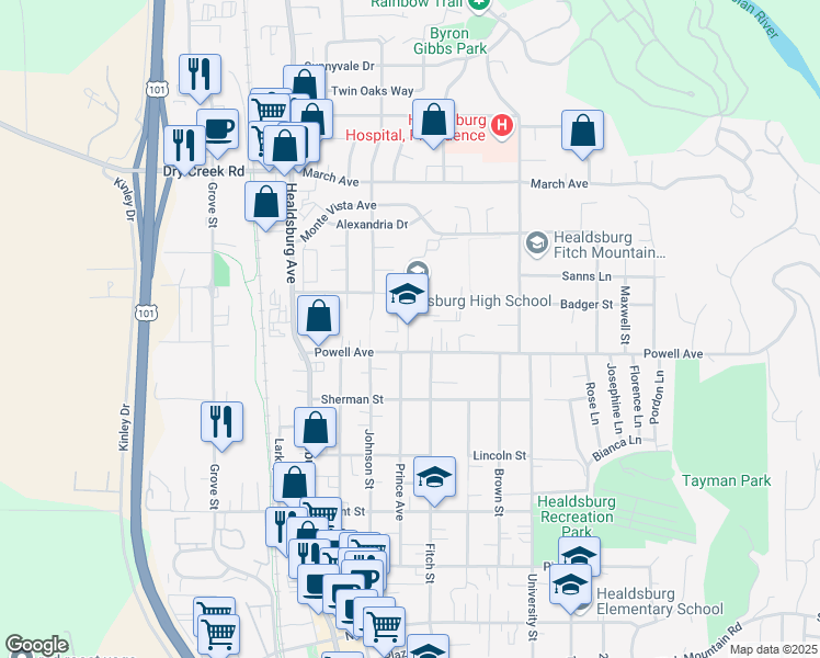 map of restaurants, bars, coffee shops, grocery stores, and more near 1024 Prince Avenue in Healdsburg