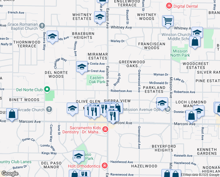 map of restaurants, bars, coffee shops, grocery stores, and more near 3111 Brophy Drive in Sacramento