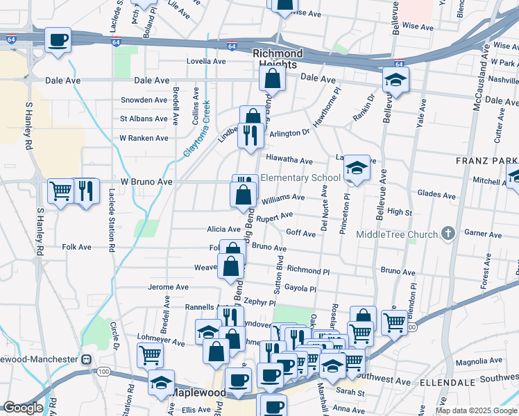 map of restaurants, bars, coffee shops, grocery stores, and more near 7460 Williams Avenue in Richmond Heights
