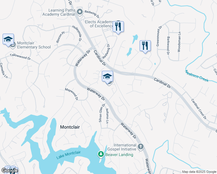 map of restaurants, bars, coffee shops, grocery stores, and more near 3799 Waterway Drive in Dumfries