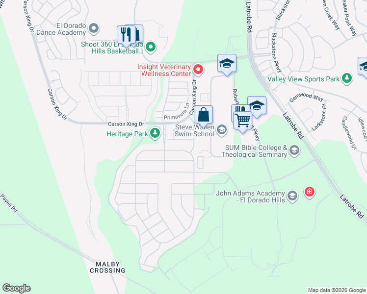 map of restaurants, bars, coffee shops, grocery stores, and more near 8507 Avelin Place in El Dorado Hills