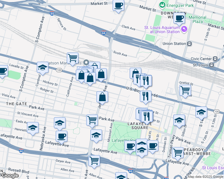 map of restaurants, bars, coffee shops, grocery stores, and more near 2350 Chouteau Avenue in St. Louis
