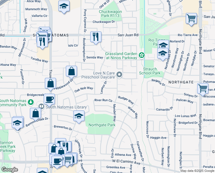 map of restaurants, bars, coffee shops, grocery stores, and more near 3010 Leonor Drive in Sacramento